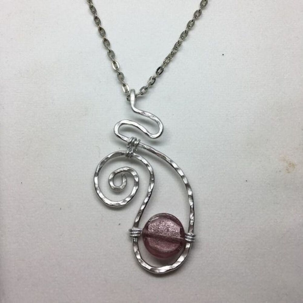 Large Design Hammered Aluminum Pendant. 20" Serpentine Stainless Steel Chain.